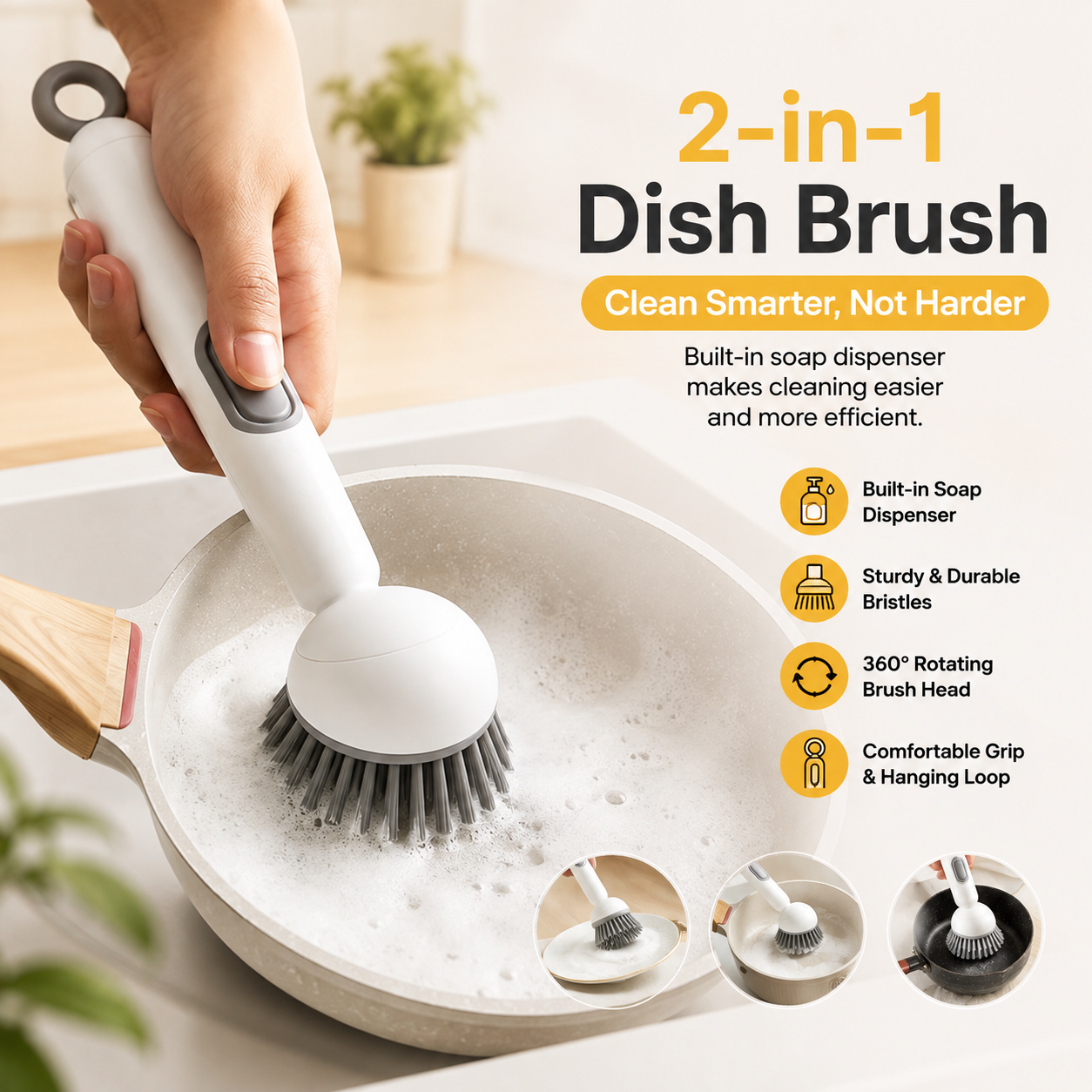 Soap Dispensing Kitchen Cleaning Brush – Refillable Dish Scrubber