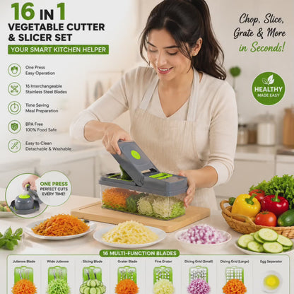 16-in-1 Vegetable Chopper & Slicer | Multifunction Manual Food Cutter with Colander Basket & Storage Container