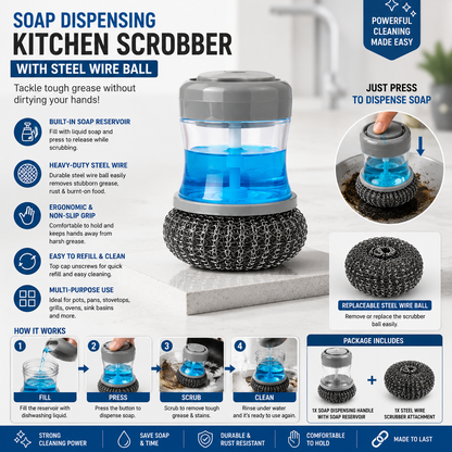 ‎Soap Dispensing Kitchen Scrubber Brush with Steel Wire Ball – Pack of 3