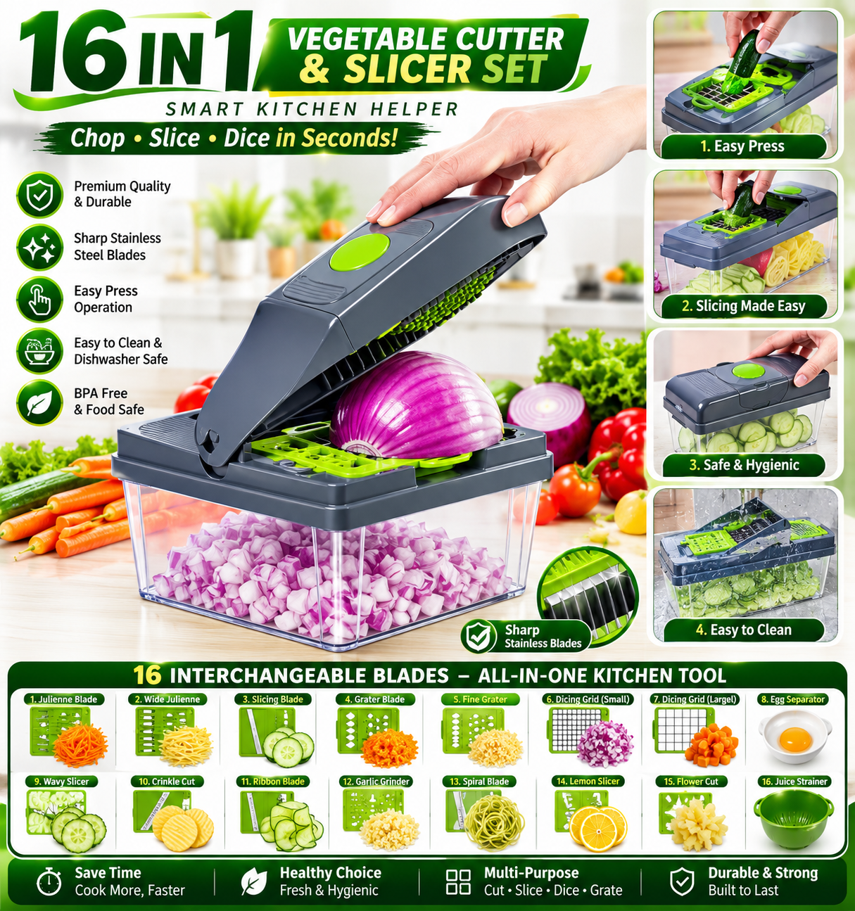 16-in-1 Vegetable Chopper & Slicer | Multifunction Manual Food Cutter with Colander Basket & Storage Container
