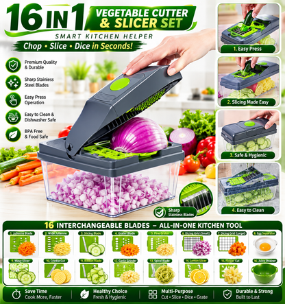 16-in-1 Vegetable Chopper & Slicer | Multifunction Manual Food Cutter with Colander Basket & Storage Container