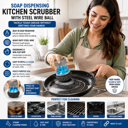 ‎Soap Dispensing Kitchen Scrubber Brush with Steel Wire Ball – Pack of 3