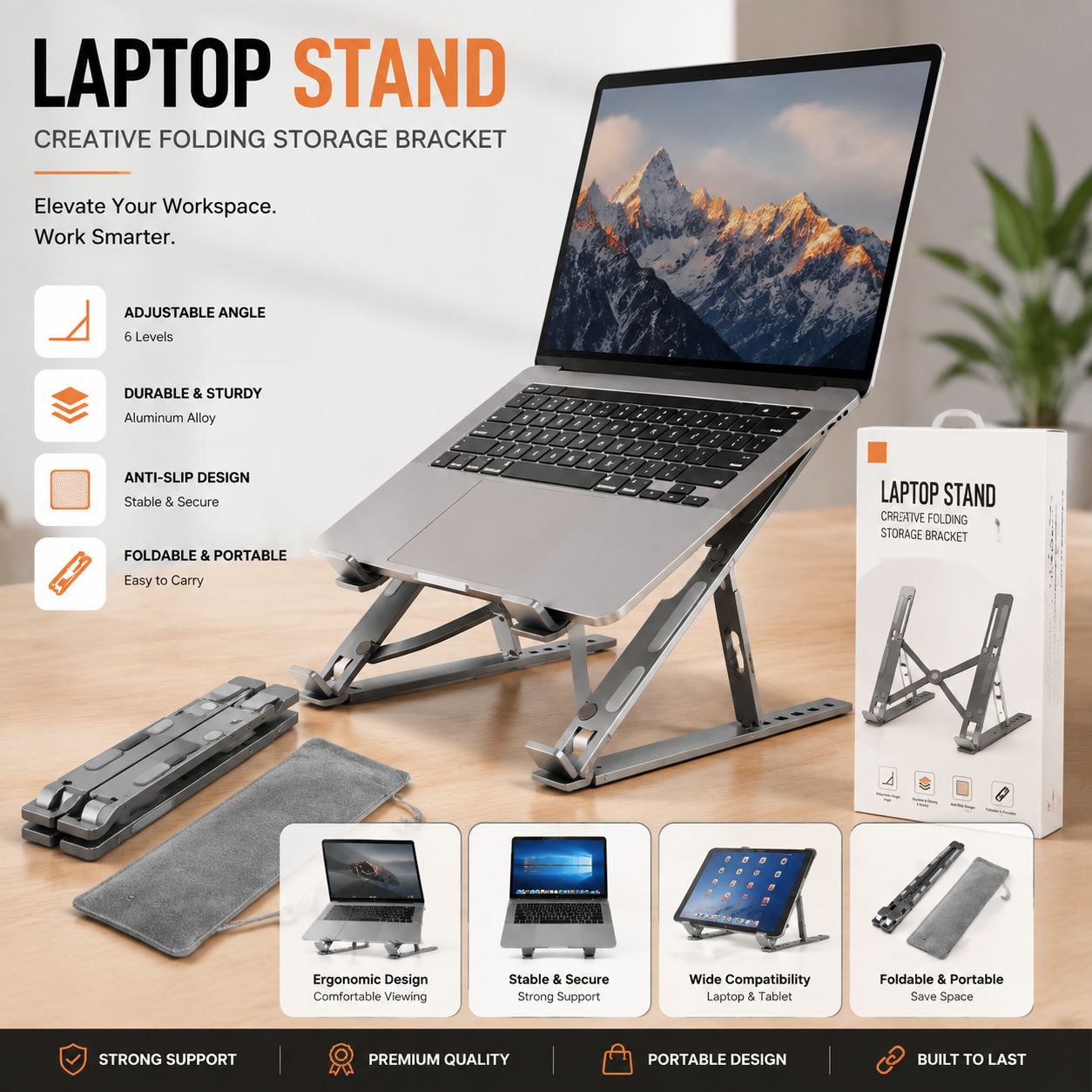 Adjustable Foldable Laptop Stand – Portable Ergonomic Aluminum Holder