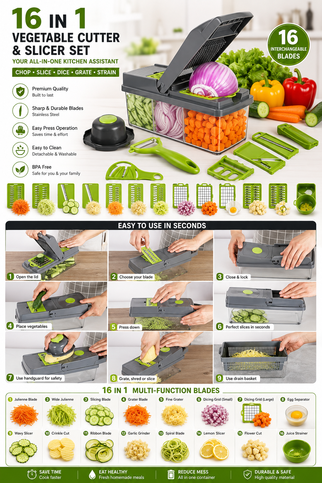 16-in-1 Vegetable Chopper & Slicer | Multifunction Manual Food Cutter with Colander Basket & Storage Container