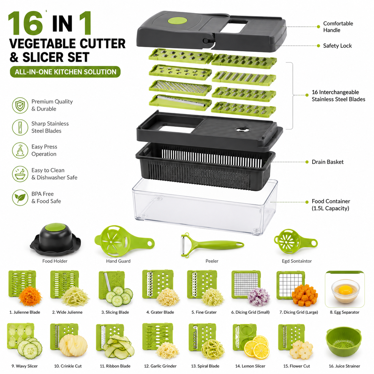 16-in-1 Vegetable Chopper & Slicer | Multifunction Manual Food Cutter with Colander Basket & Storage Container
