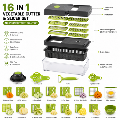16-in-1 Vegetable Chopper & Slicer | Multifunction Manual Food Cutter with Colander Basket & Storage Container