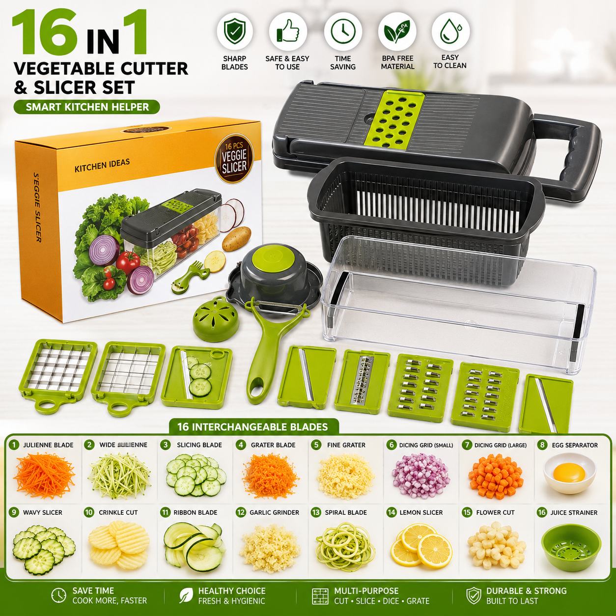 16-in-1 Vegetable Chopper & Slicer | Multifunction Manual Food Cutter with Colander Basket & Storage Container