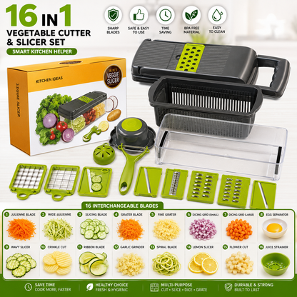 16-in-1 Vegetable Chopper & Slicer | Multifunction Manual Food Cutter with Colander Basket & Storage Container