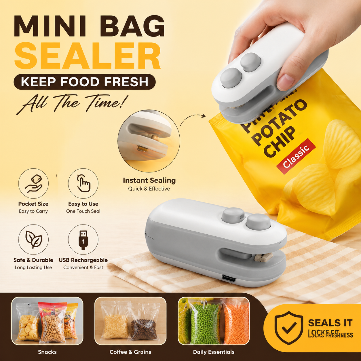 Portable Rechargeable Mini Bag Sealer – Handheld Heat Sealing Machine