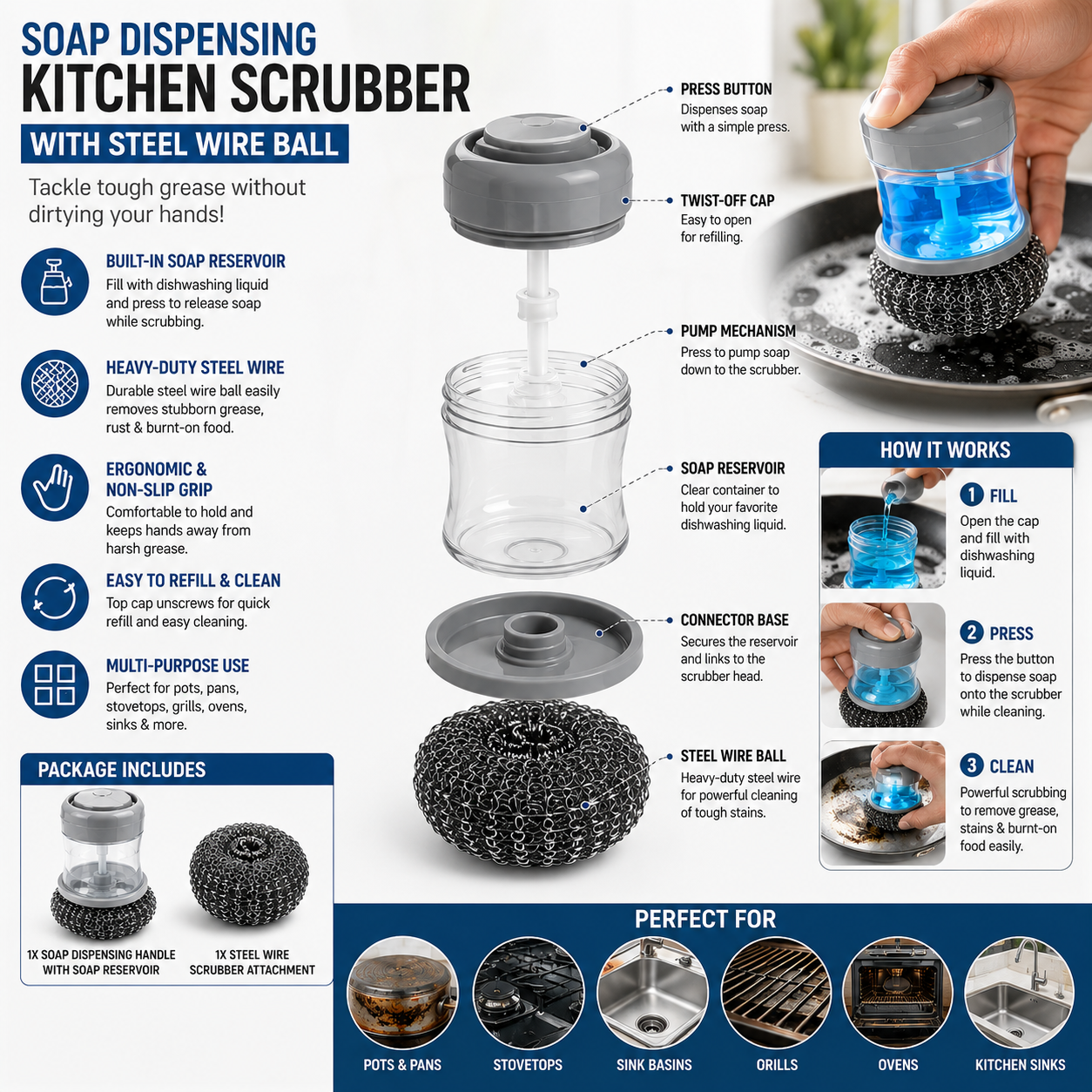 ‎Soap Dispensing Kitchen Scrubber Brush with Steel Wire Ball – Pack of 3