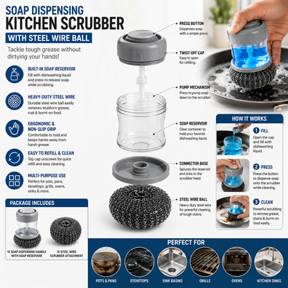 ‎Soap Dispensing Kitchen Scrubber Brush with Steel Wire Ball – Pack of 3