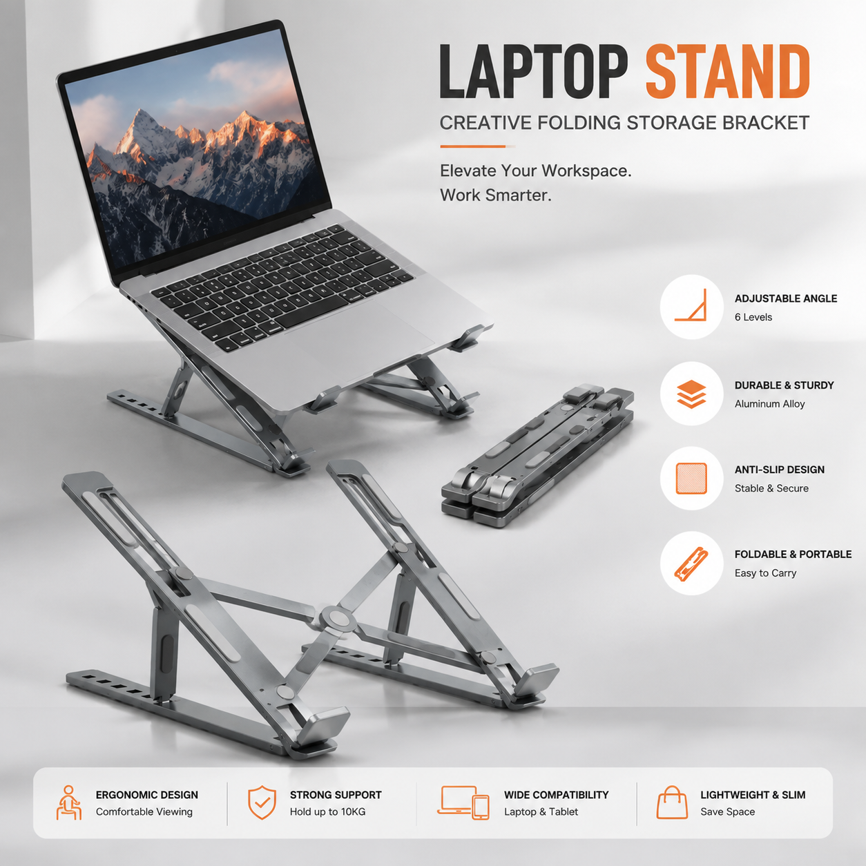 Adjustable Foldable Laptop Stand – Portable Ergonomic Aluminum Holder
