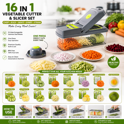 16-in-1 Vegetable Chopper & Slicer | Multifunction Manual Food Cutter with Colander Basket & Storage Container