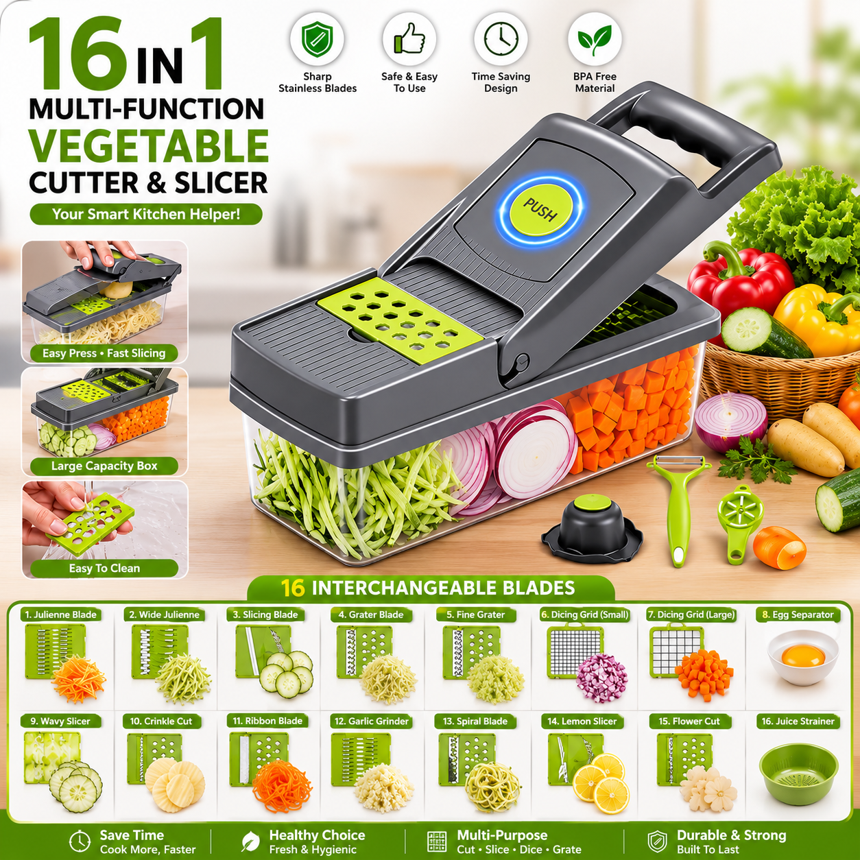 16-in-1 Vegetable Chopper & Slicer | Multifunction Manual Food Cutter with Colander Basket & Storage Container