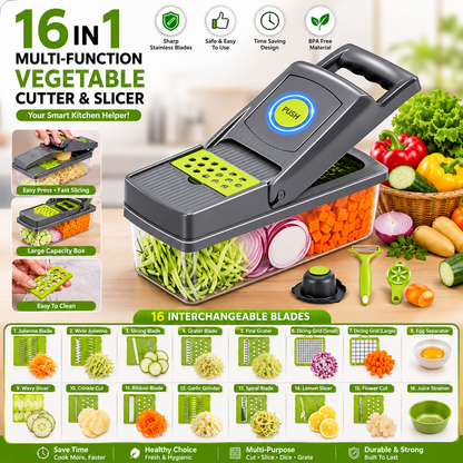16-in-1 Vegetable Chopper & Slicer | Multifunction Manual Food Cutter with Colander Basket & Storage Container