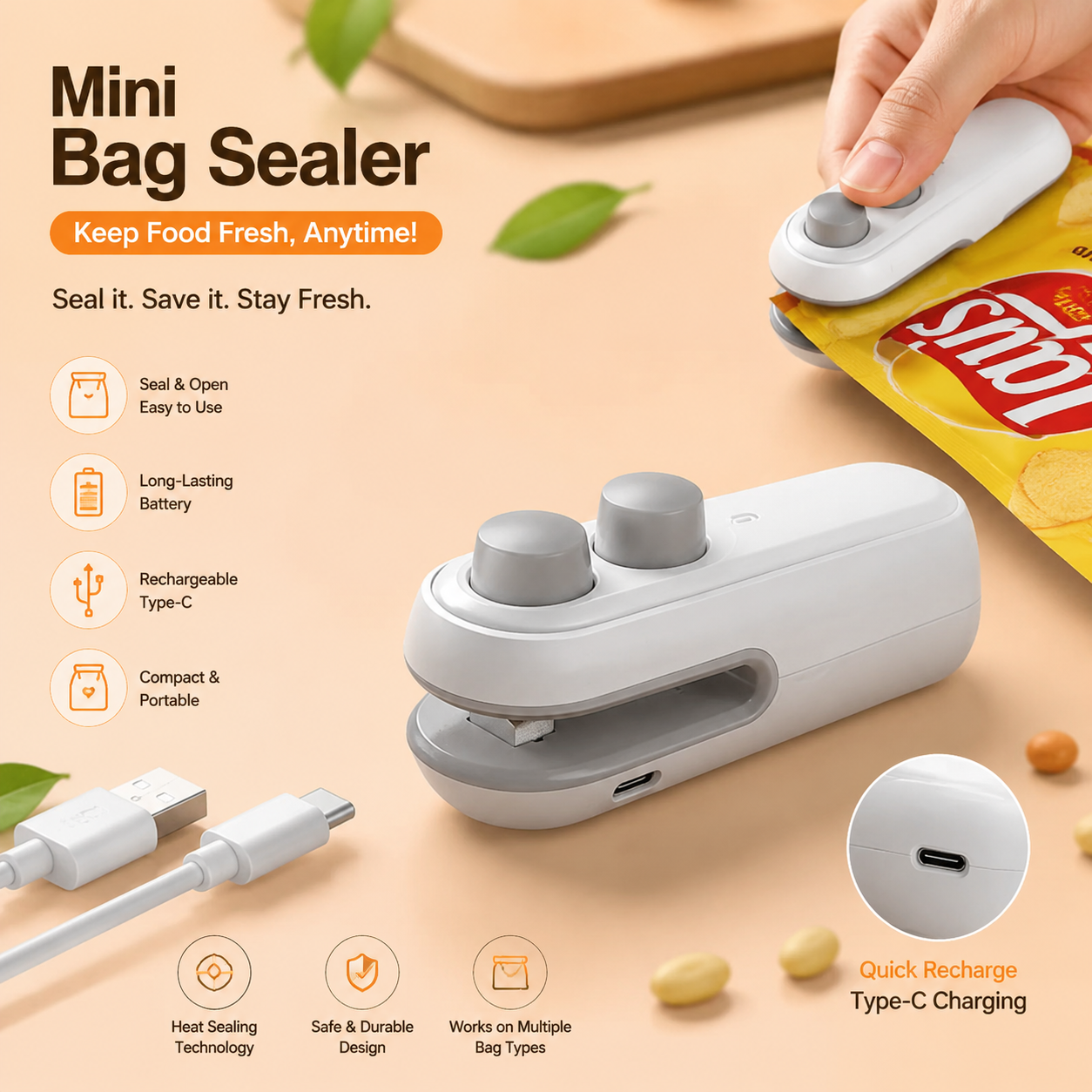 Portable Rechargeable Mini Bag Sealer – Handheld Heat Sealing Machine