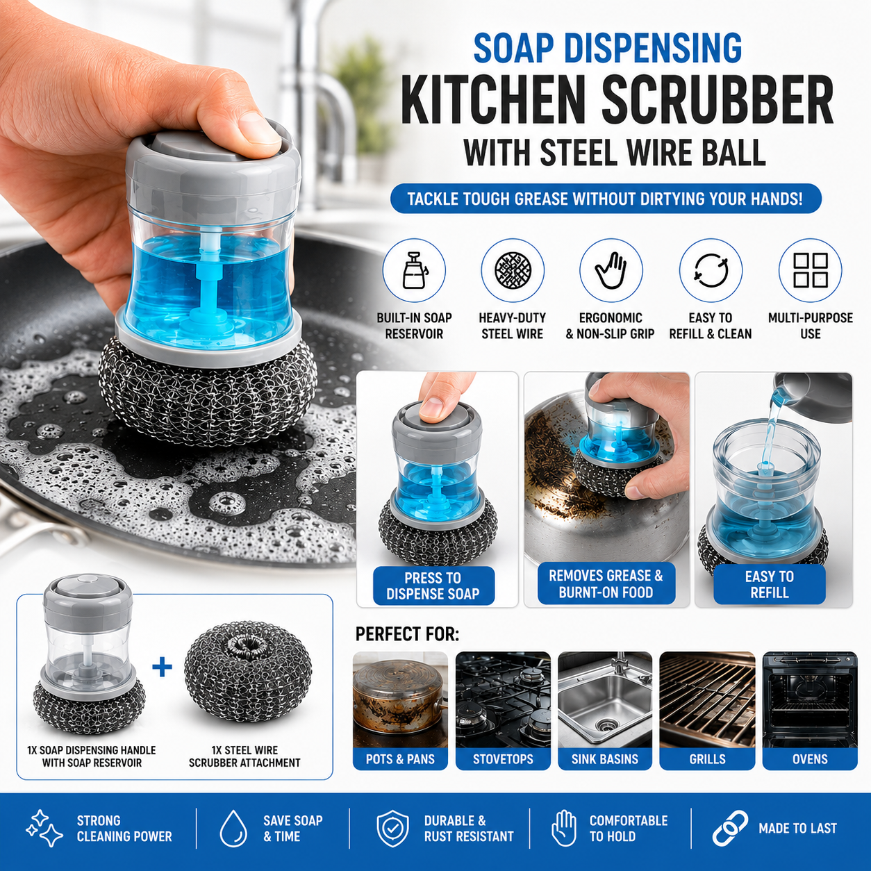 ‎Soap Dispensing Kitchen Scrubber Brush with Steel Wire Ball – Pack of 3