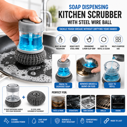 ‎Soap Dispensing Kitchen Scrubber Brush with Steel Wire Ball – Pack of 3