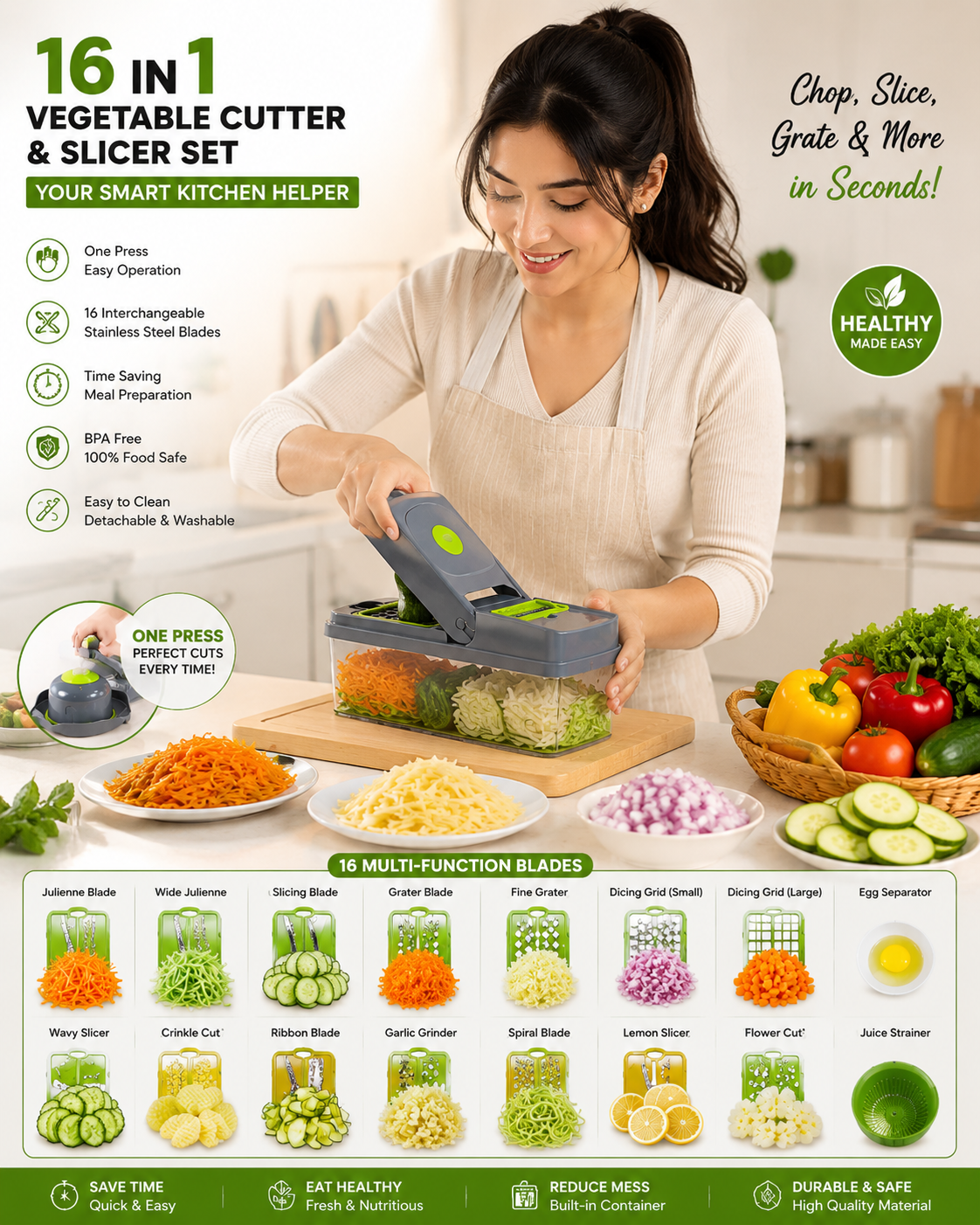16-in-1 Vegetable Chopper & Slicer | Multifunction Manual Food Cutter with Colander Basket & Storage Container