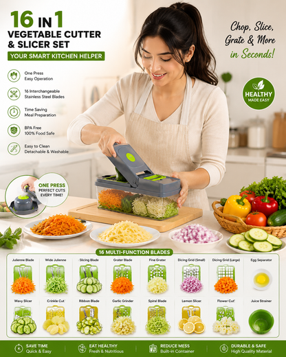 16-in-1 Vegetable Chopper & Slicer | Multifunction Manual Food Cutter with Colander Basket & Storage Container