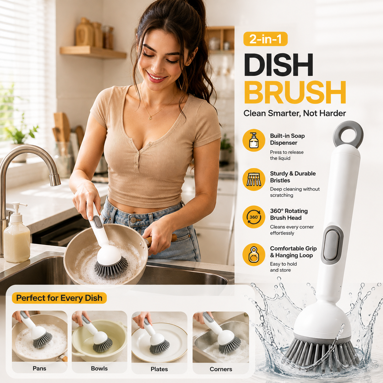 Soap Dispensing Kitchen Cleaning Brush – Refillable Dish Scrubber